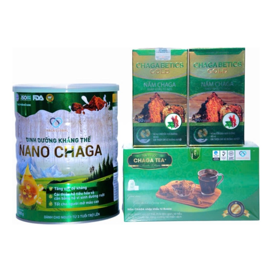 Combo 1 Trà Chaga Tea+, 1 Dinh dưỡng kháng thể Nano Chaga và 2 ChagaBetics Gold